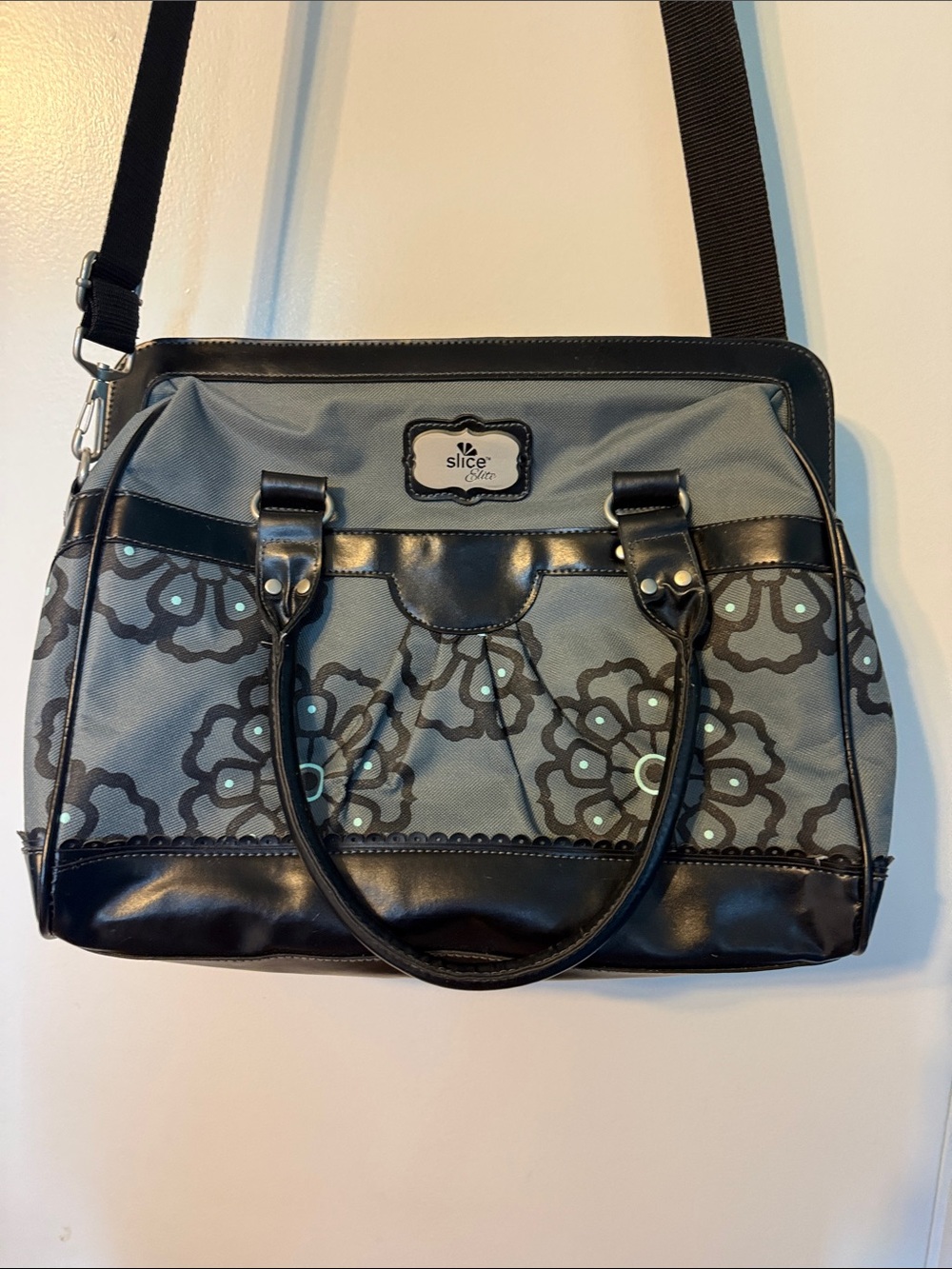 Large Grey Floral Satchel with Black Trim